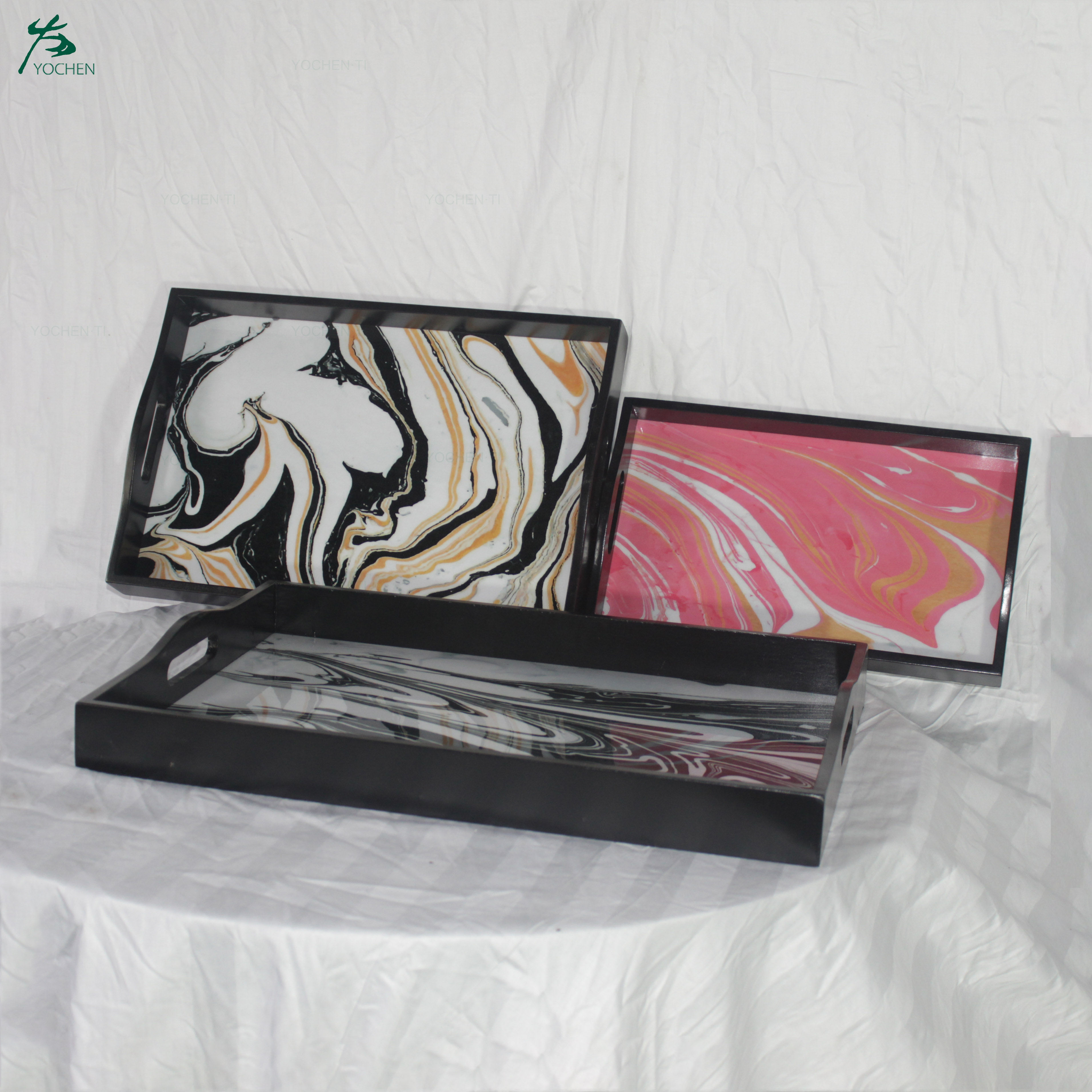 Black Marble Print Wooden Tray Resin Finish Lacquered Frame No Glass Rectangle Serving Tray