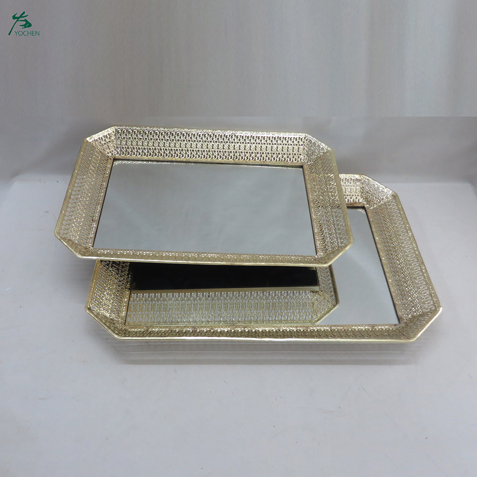 Rectangle Gold Mirrored Glass Metal Serving Tray