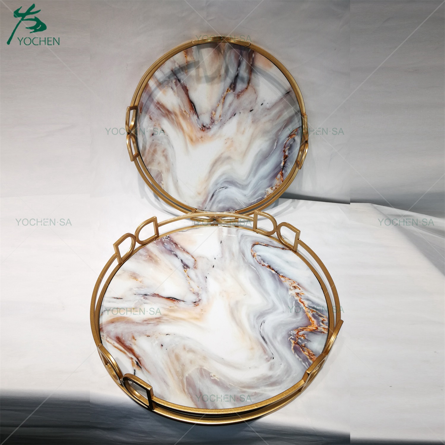 Gold Framed Metal Round Marble Effect Serving Tray with Handle