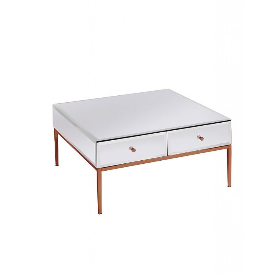 Rose gold stainless steel white glass coffee table modern with 2 drawers