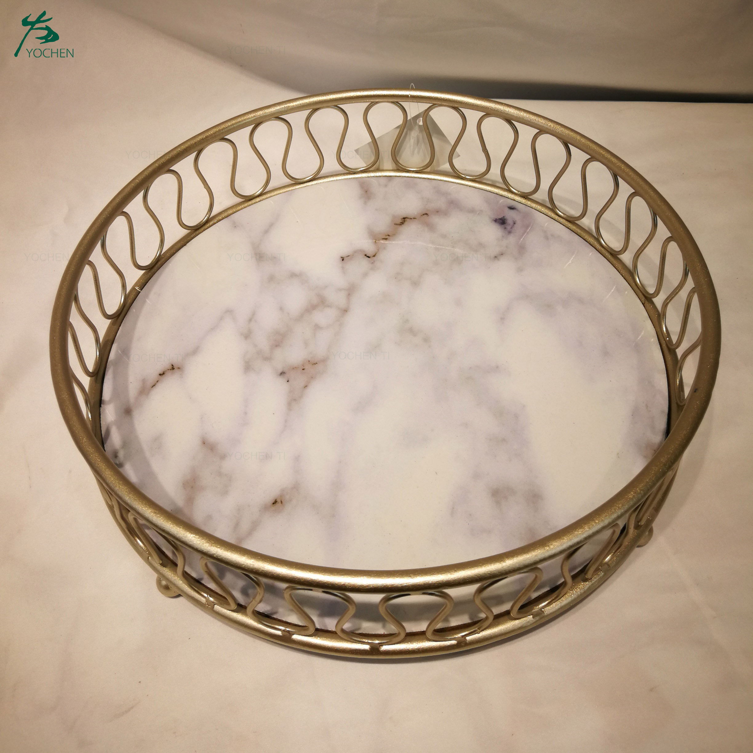 Luxury natural with metal frame chassis storage tray dessert plate desktop ornaments marble tray