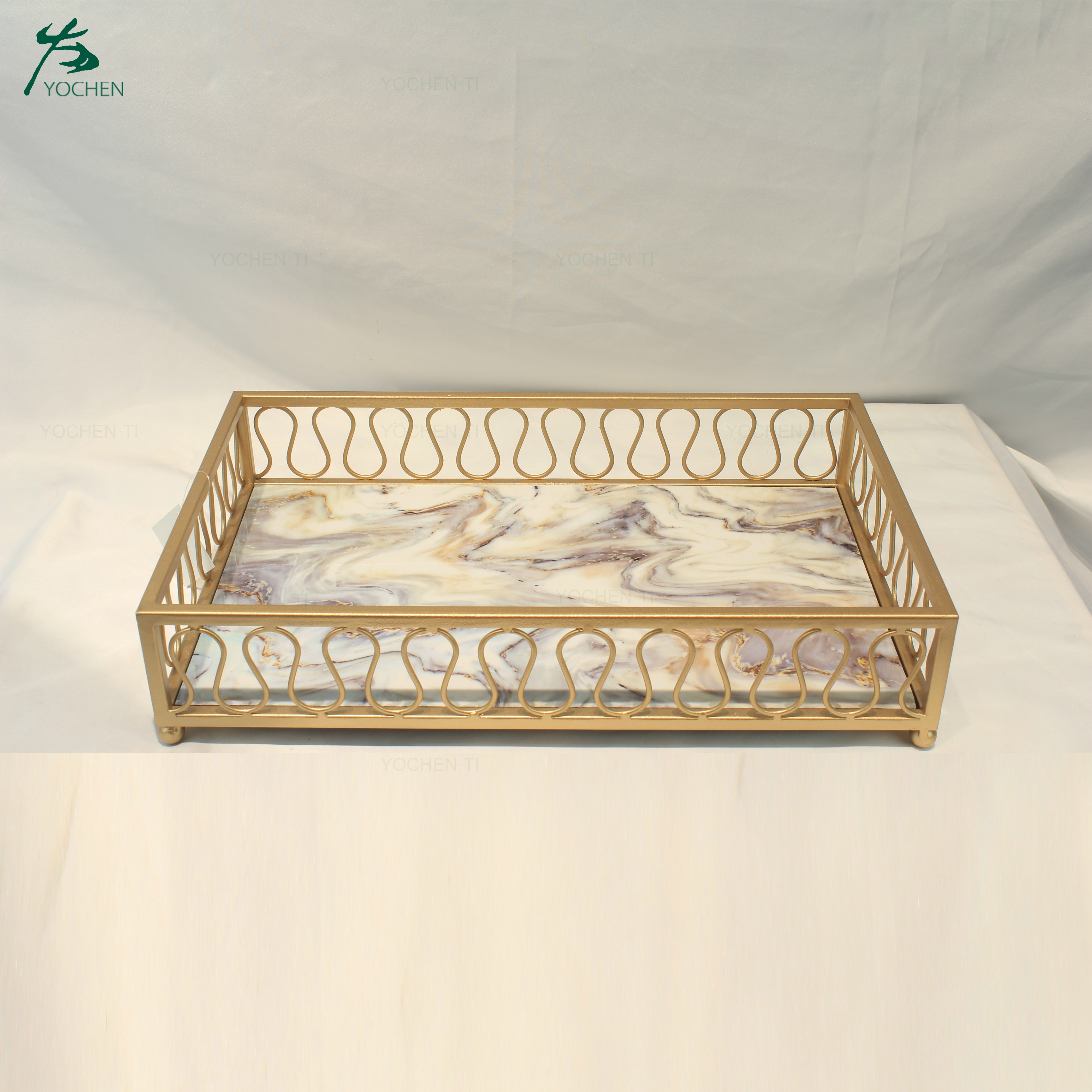 Customized Hotsale Luxury Rectangle Marble Tray Fruit Plate Metal Service Tray Gold Plated