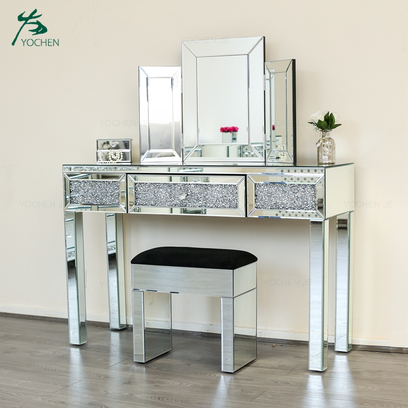 Modern diamond crush furniture mirrored dressing table with mirror and stool