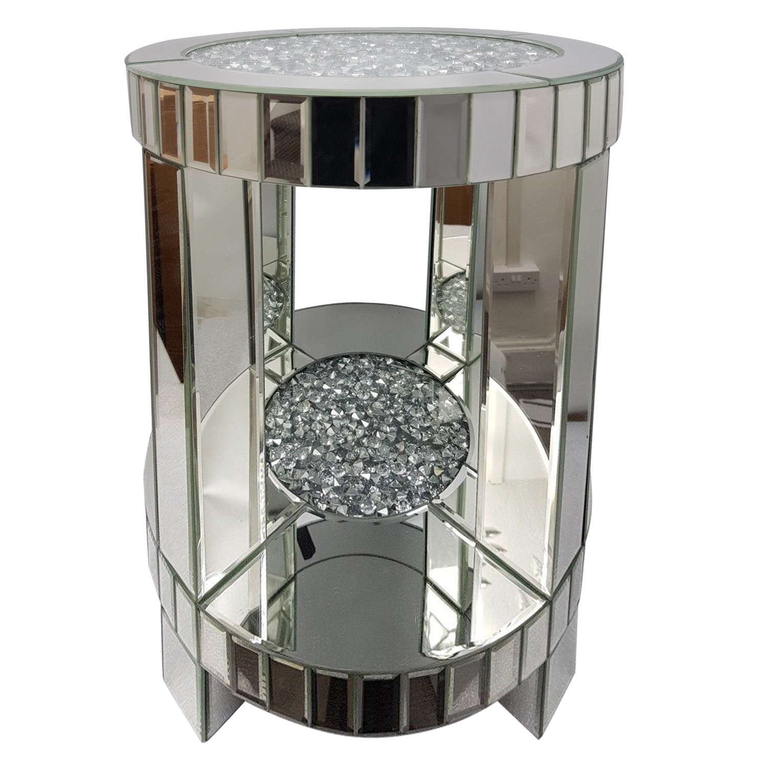 Sparkly Silver Mirrored Diamond Crush Crystal Round Side Table